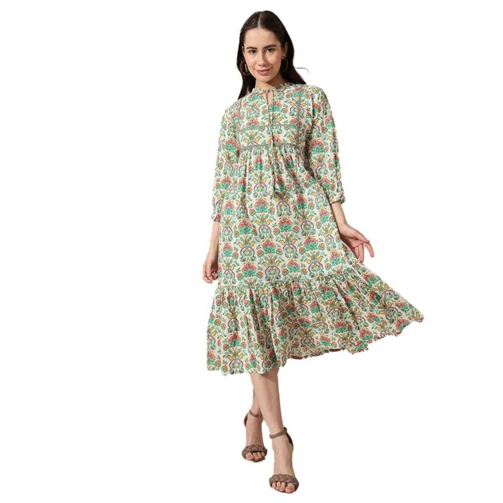 SAAKI Mahiri 100% Cotton Floral Tiered Midi Dress Small Boho Cottagecore